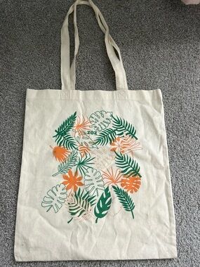 Canvas Tote Bag with Green and Orange Tropical Print